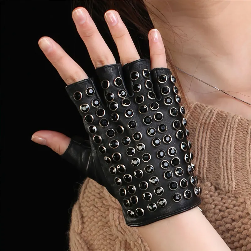 Female Spring Autumn Leather Gloves / Semi-Finger Gloves with Rhinestones in Punk style