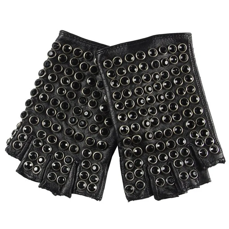 Female Spring Autumn Leather Gloves / Semi-Finger Gloves with Rhinestones in Punk style