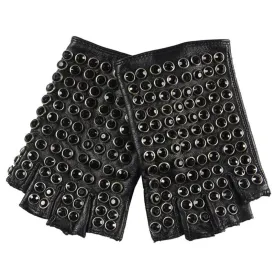 Female Spring Autumn Leather Gloves / Semi-Finger Gloves with Rhinestones in Punk style