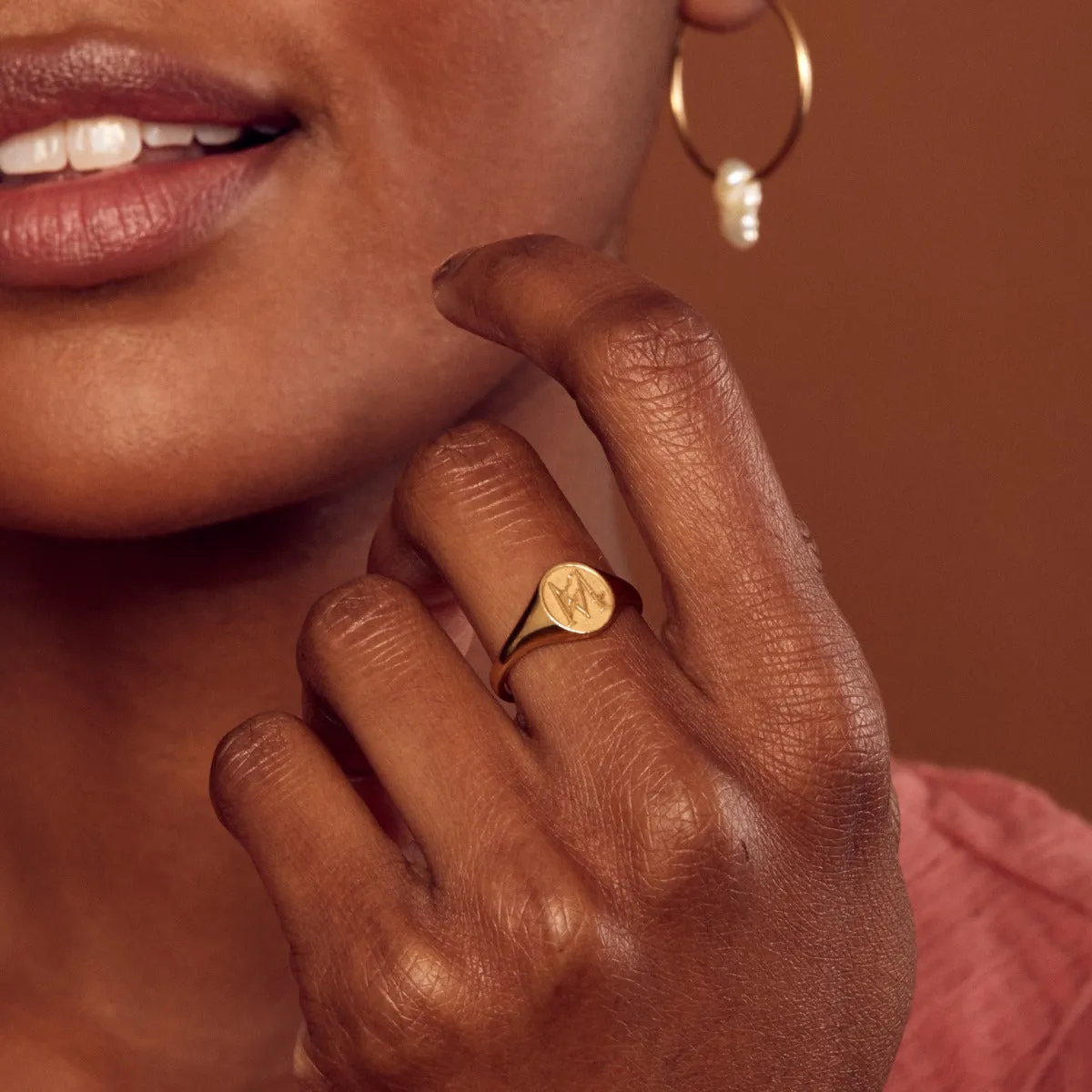 Floral Engraved Initial Signet Ring