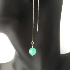 Genuine Amazonite Threader Earrings Pair, Long Silver Plated Chain Threaders, Pair