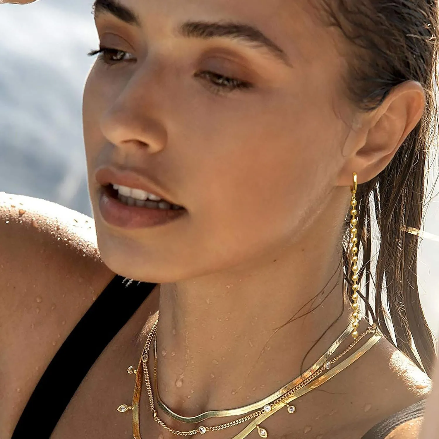 Gold Dainty Huggie Hoop Earrings 14K Gold Filled Simple Charm Evil Eye Earrings Open Drop Dangle Cross Coin Star Venice Snake Chain Hypoallergenic Tassel Earrings for Women