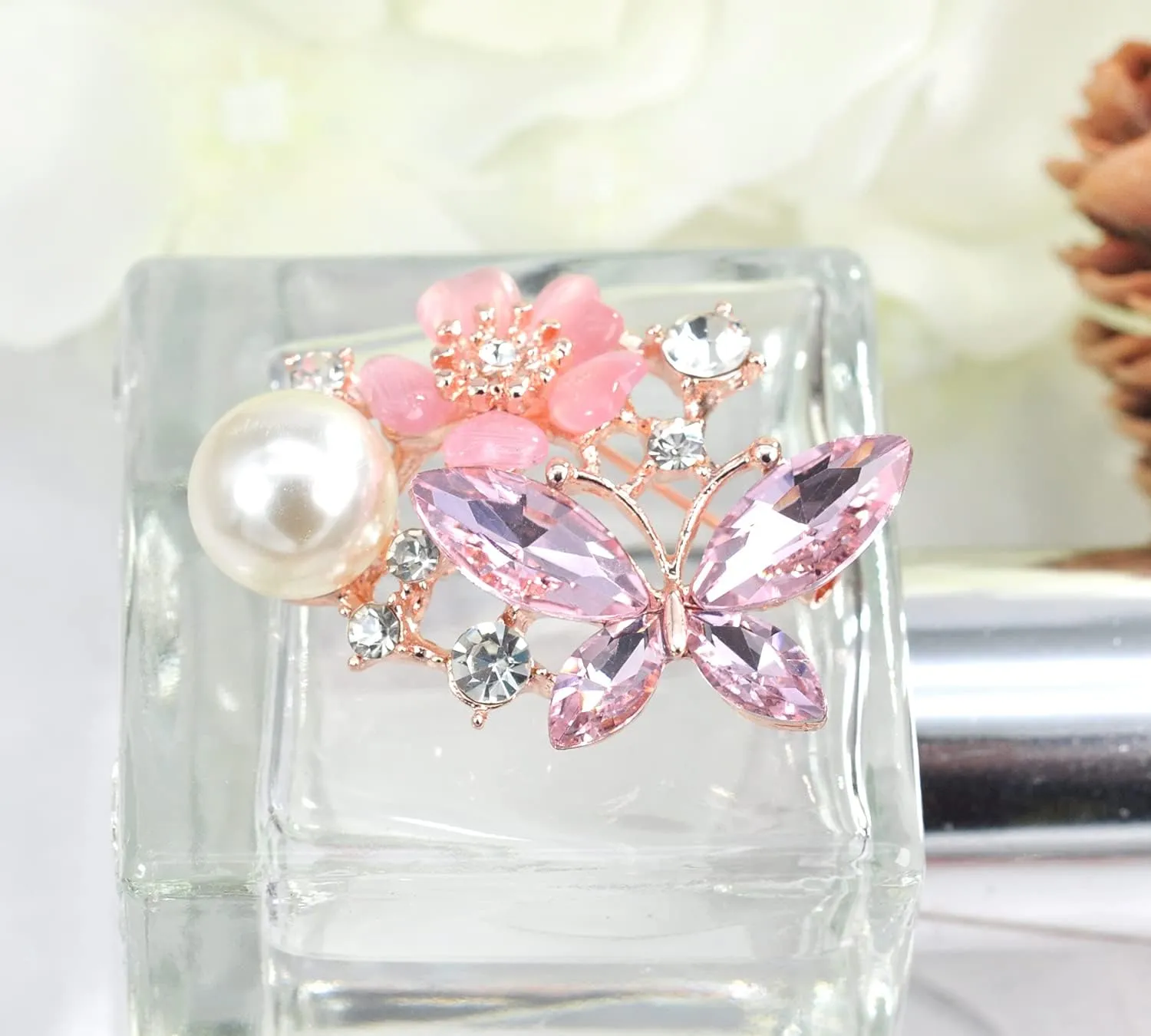 Gyn&Joy Womens Flower Butterfly Brooch Pin Jewelry with Faux Pearl and Crystal