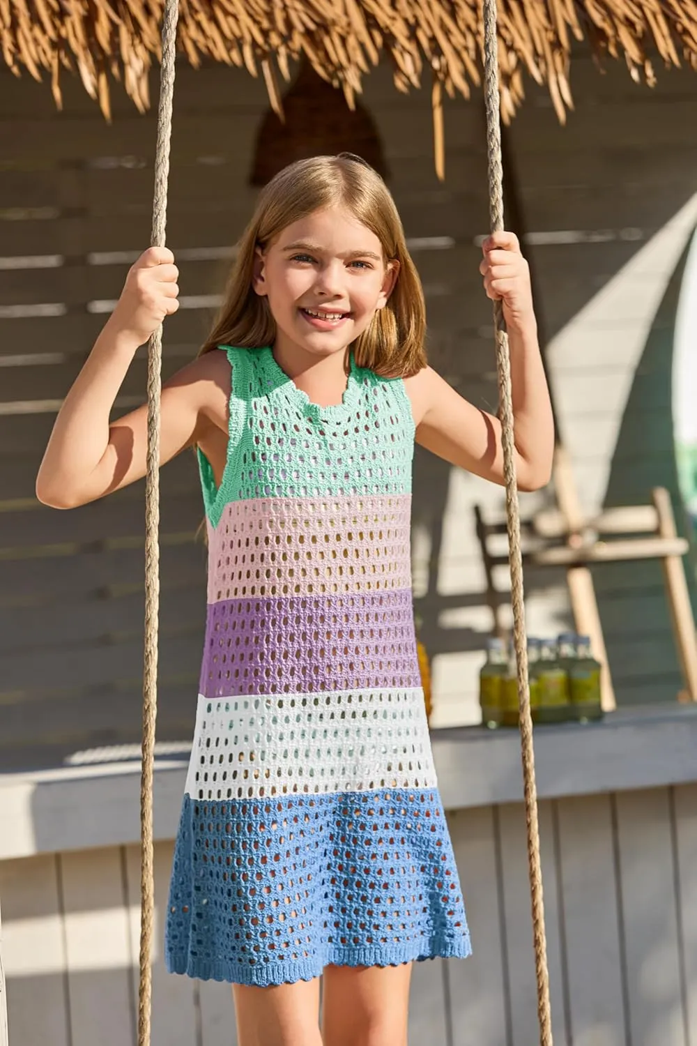 Haloumoning Girls Color Block Crochet Knit Swim Cover up Kids Summer Sleeveless Beach Dress 5-14 Years