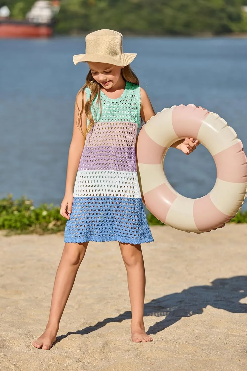 Haloumoning Girls Color Block Crochet Knit Swim Cover up Kids Summer Sleeveless Beach Dress 5-14 Years