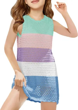 Haloumoning Girls Color Block Crochet Knit Swim Cover up Kids Summer Sleeveless Beach Dress 5-14 Years