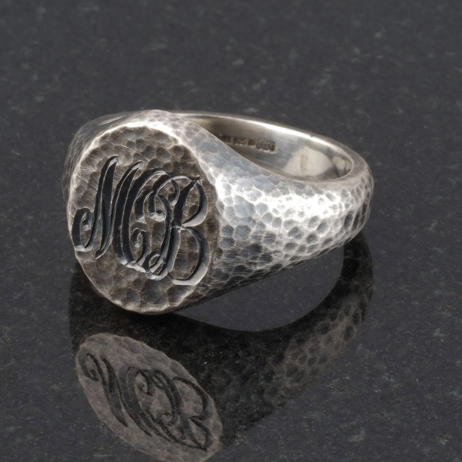 Hand Engraved Silver Hammered Oxidised Oval 13 x 11 Signet Ring
