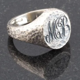 Hand Engraved Silver Hammered Oxidised Oval 13 x 11 Signet Ring