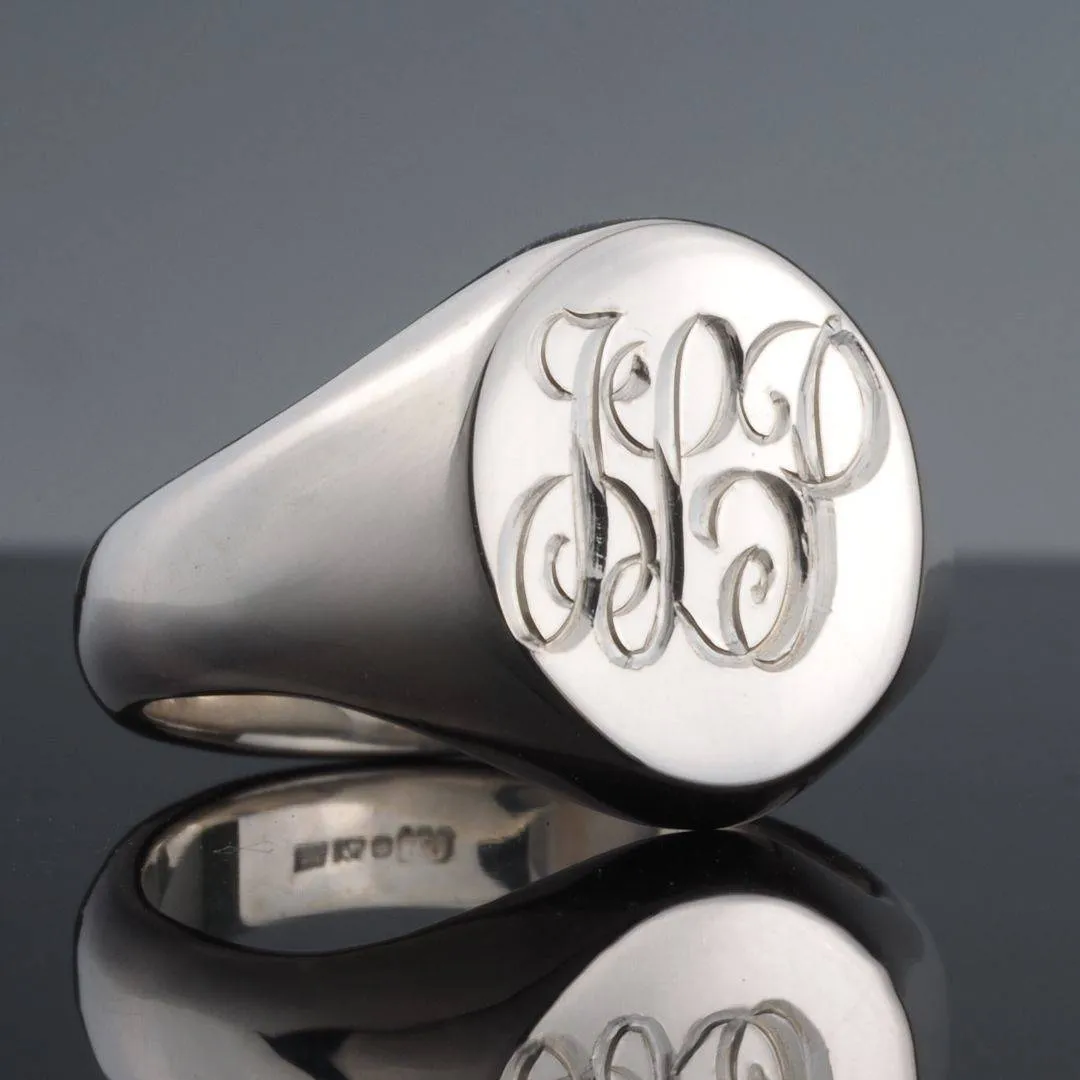 Hand Engraved Silver Oval 13 x 11mm Signet Ring