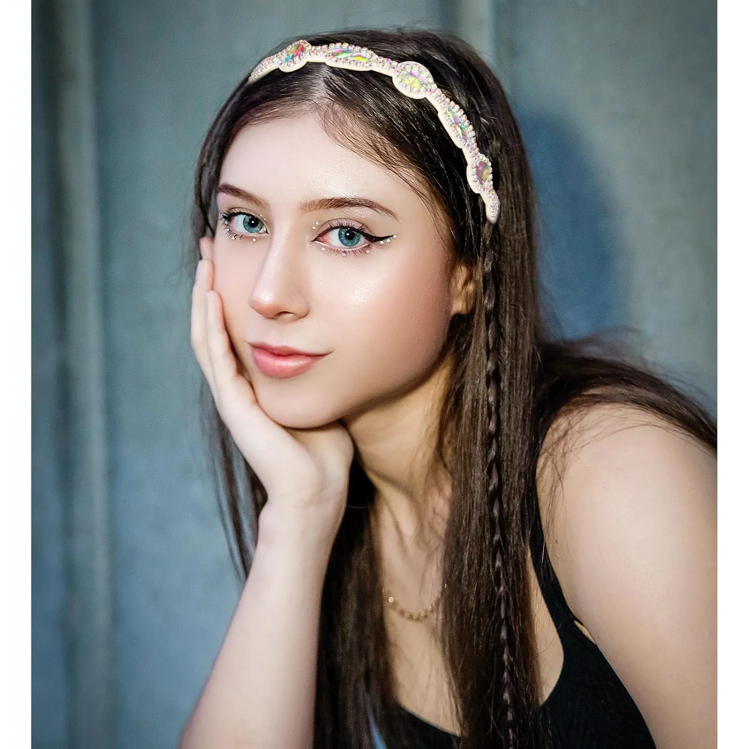 Headband for Women 2 Pieces Rhinestone Beaded Headbands Crystal Hairbands Elastic AB Rhinestones Hair Bands Sparkly Pearl Head Band Fashion Hair Accessories for Woman Girls