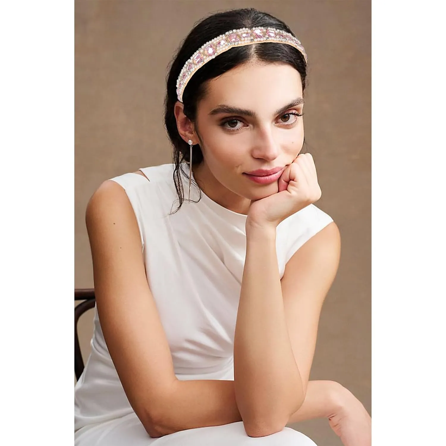 Headband for Women 2 Pieces Rhinestone Beaded Headbands Crystal Hairbands Elastic AB Rhinestones Hair Bands Sparkly Pearl Head Band Fashion Hair Accessories for Woman Girls