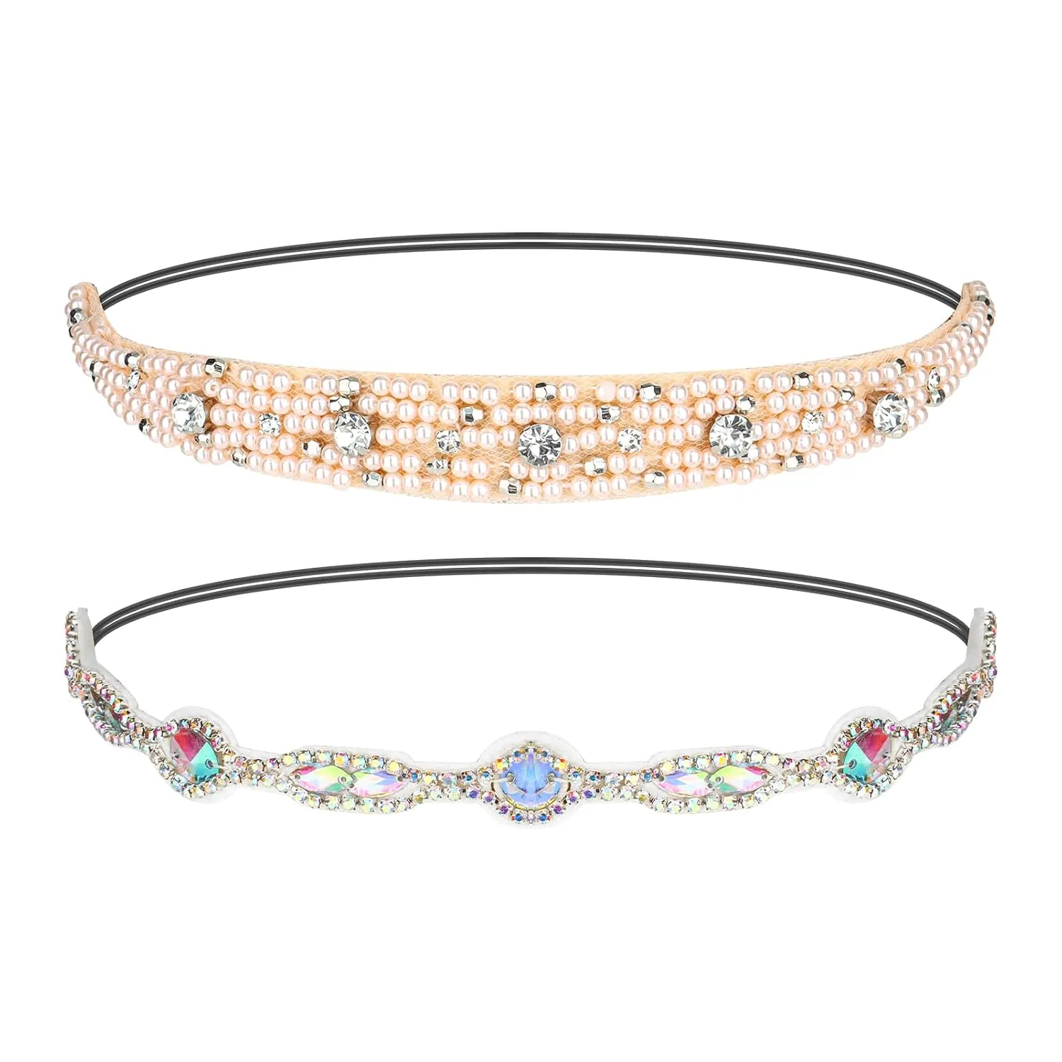 Headband for Women 2 Pieces Rhinestone Beaded Headbands Crystal Hairbands Elastic AB Rhinestones Hair Bands Sparkly Pearl Head Band Fashion Hair Accessories for Woman Girls