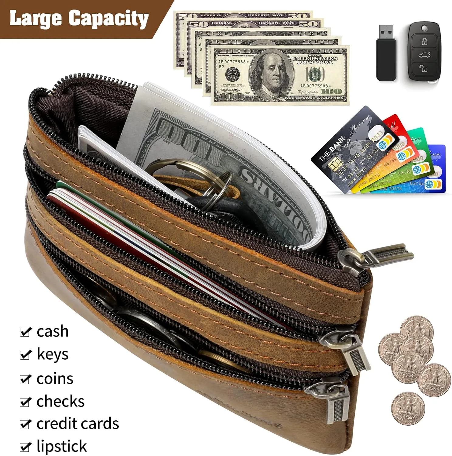 Jack&Chris Coin Purse Pouch for Men, Genuine Leather Coin Purse Zipper Pocket with Keychain Ring, Coin Bag for Men,JC301-Black