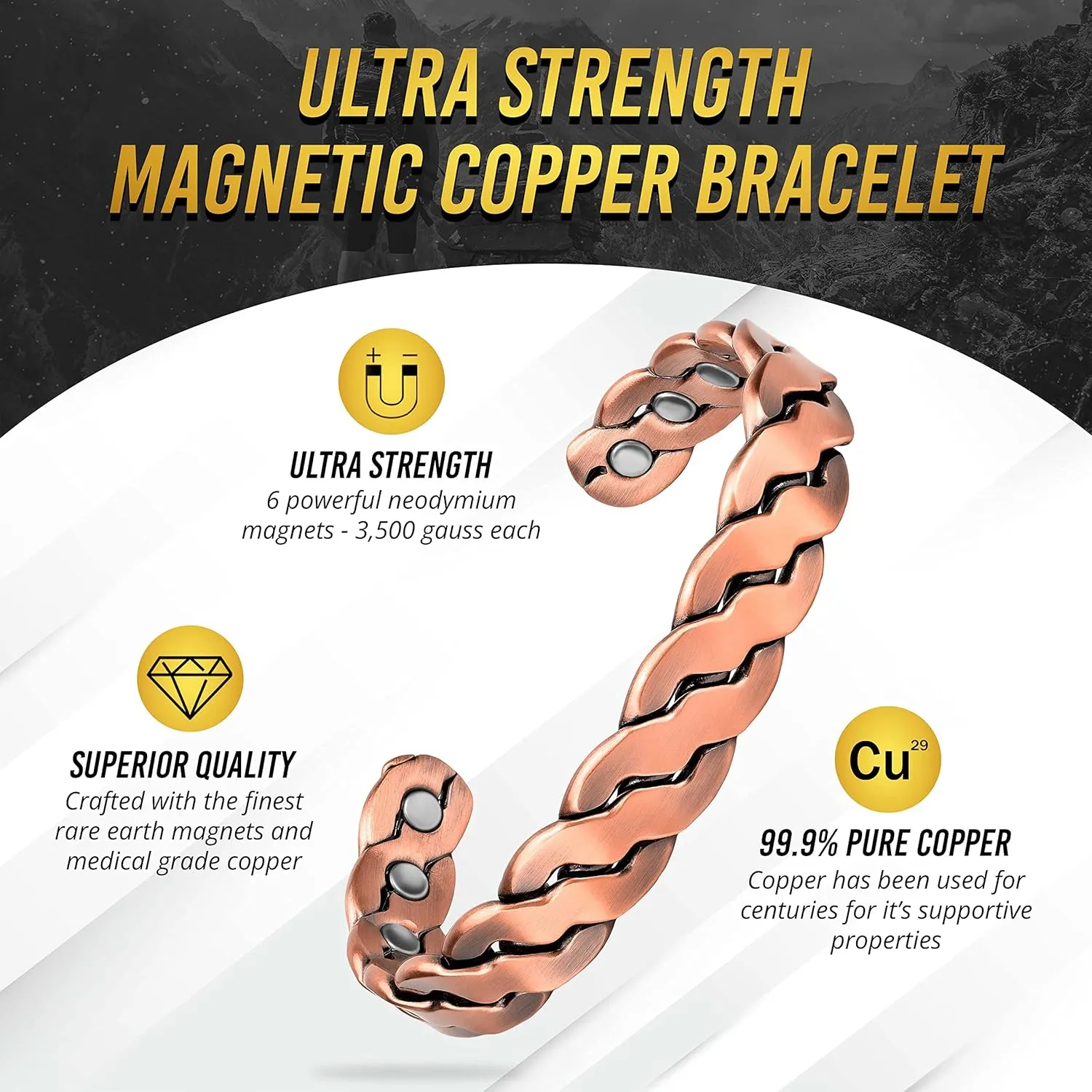 MagnetRX Copper Magnetic Bracelets  Effective Pure Copper Bracelet for Men and Women  Adjustable Cuff Bangles (Twisted Copper)