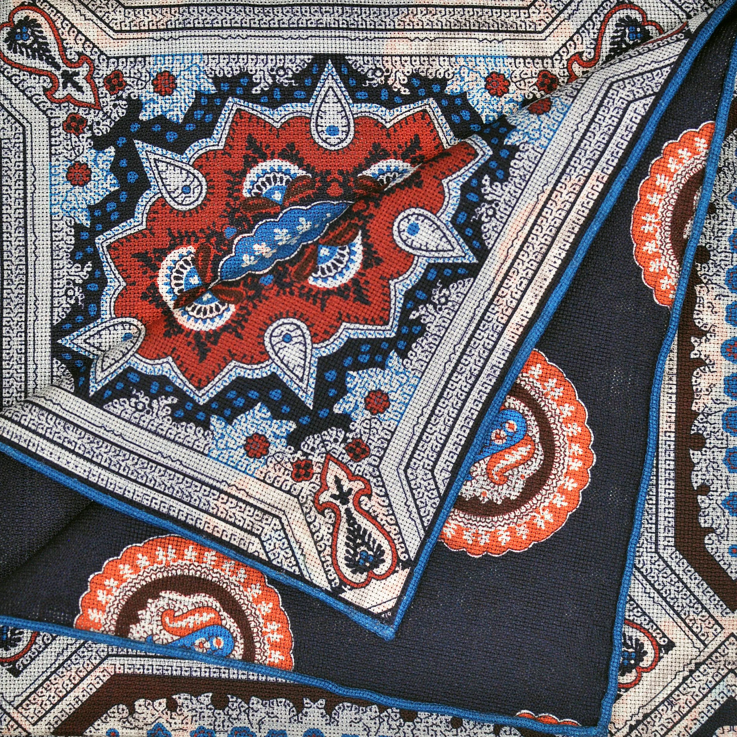 Medallions Reversible Panama Silk Pocket Square in Navy, White, Blue & Orange