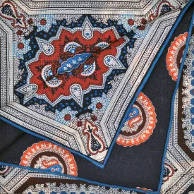 Medallions Reversible Panama Silk Pocket Square in Navy, White, Blue & Orange