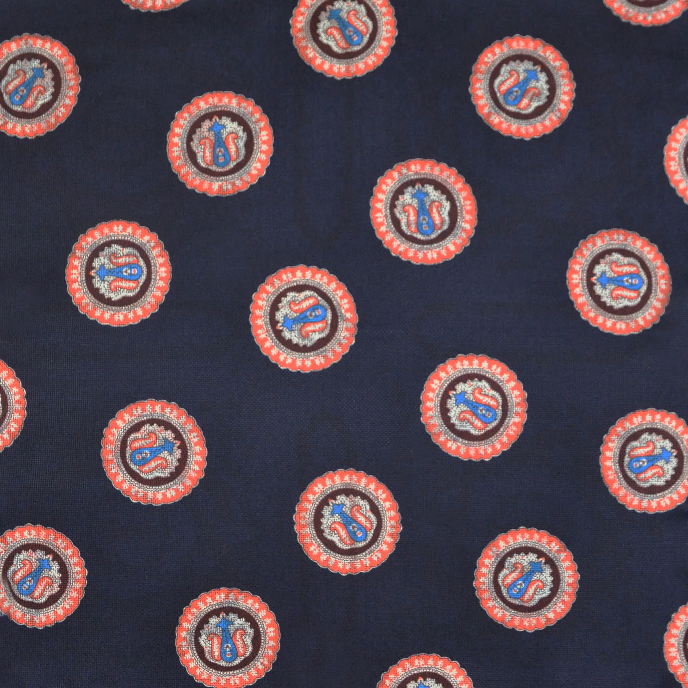 Medallions Reversible Panama Silk Pocket Square in Navy, White, Blue & Orange