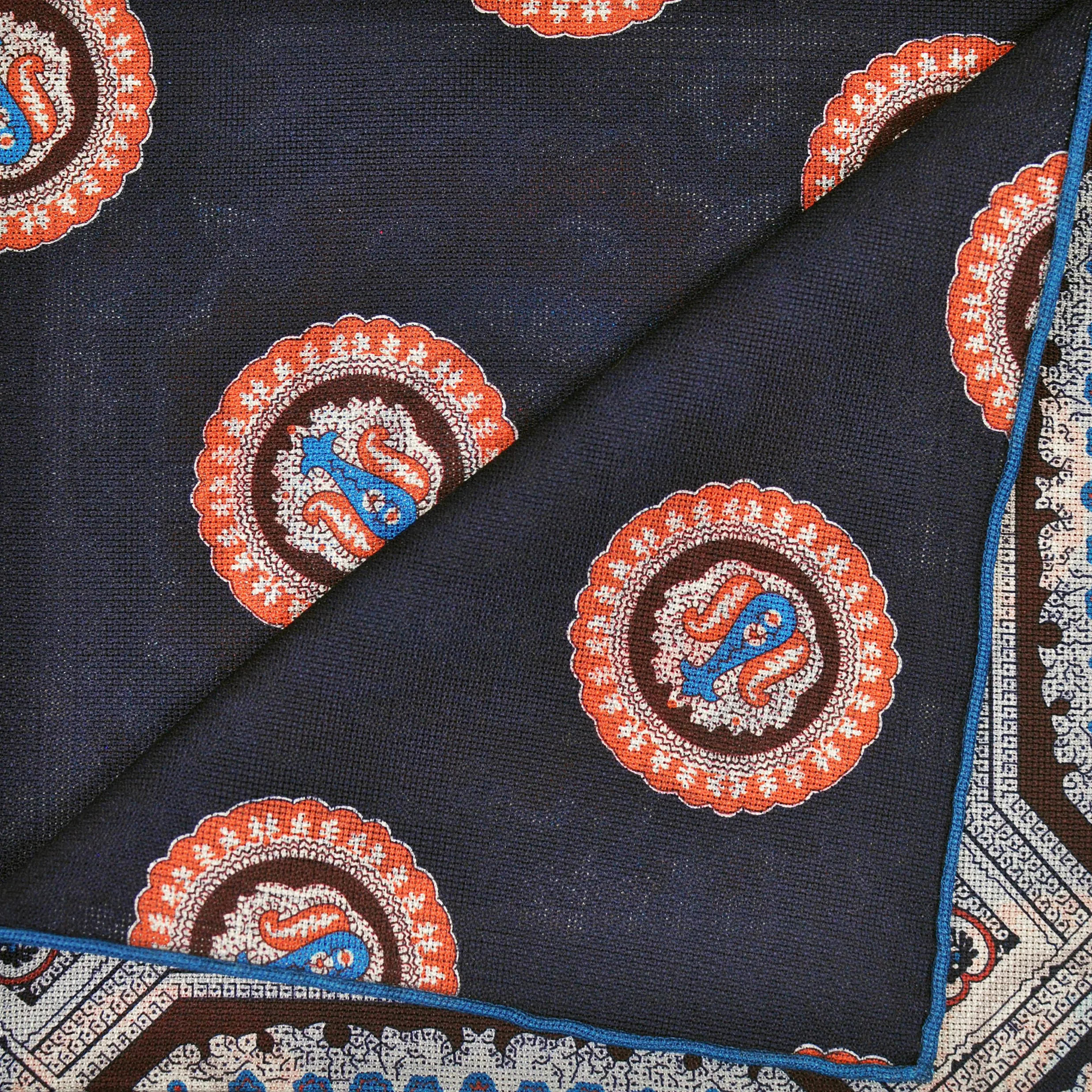 Medallions Reversible Panama Silk Pocket Square in Navy, White, Blue & Orange
