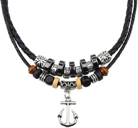 Men Black Leather Necklace Vintage Tribal Style Boho Hipppie Double Layered Black Braided Beaded Anchor Pendant Pirate Necklace