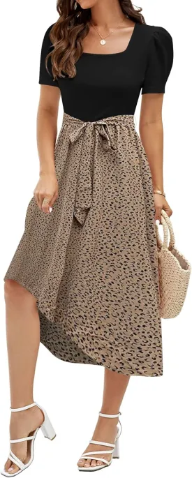 Miladusa Women 2025 Summer Dress Square Neck Short Sleeve Midi Dresses Outfits with Pockets