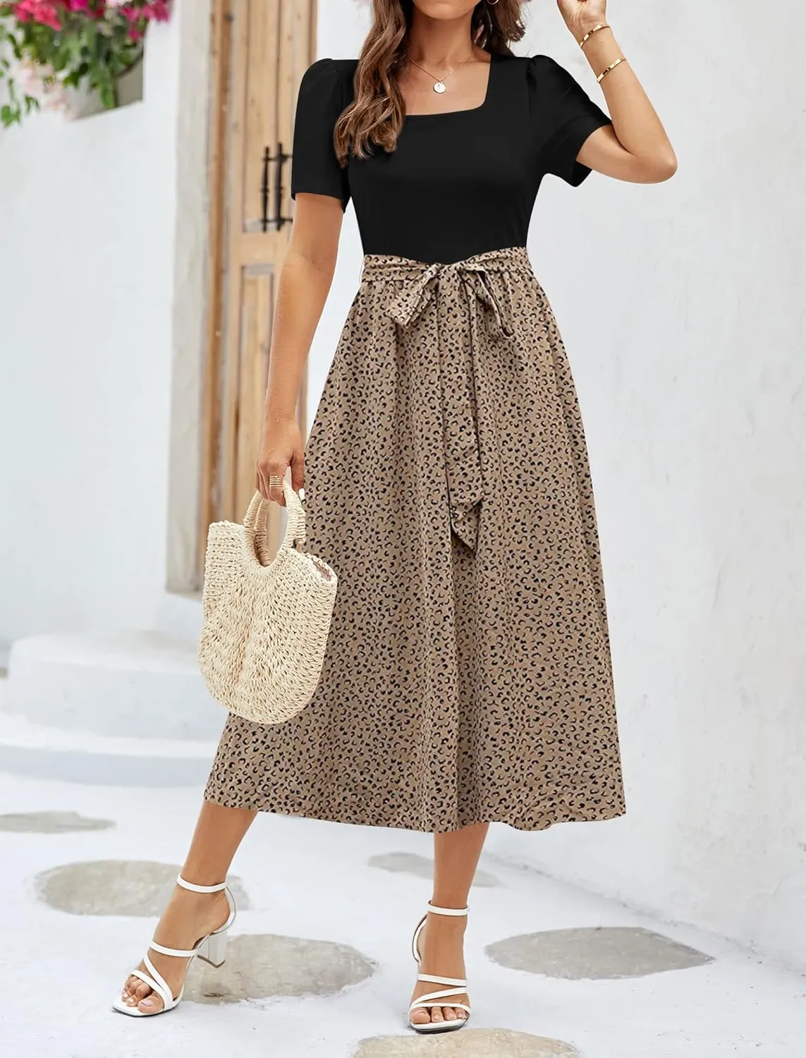 Miladusa Women 2025 Summer Dress Square Neck Short Sleeve Midi Dresses Outfits with Pockets