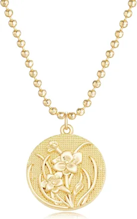 MYEARS Women Birth Flower Necklace Gold Butterfly Coin Disc Pendant Cubic Zirconia 14K Simple Dainty Beaded Chain Everyday Trendy Jewelry - 12 Months