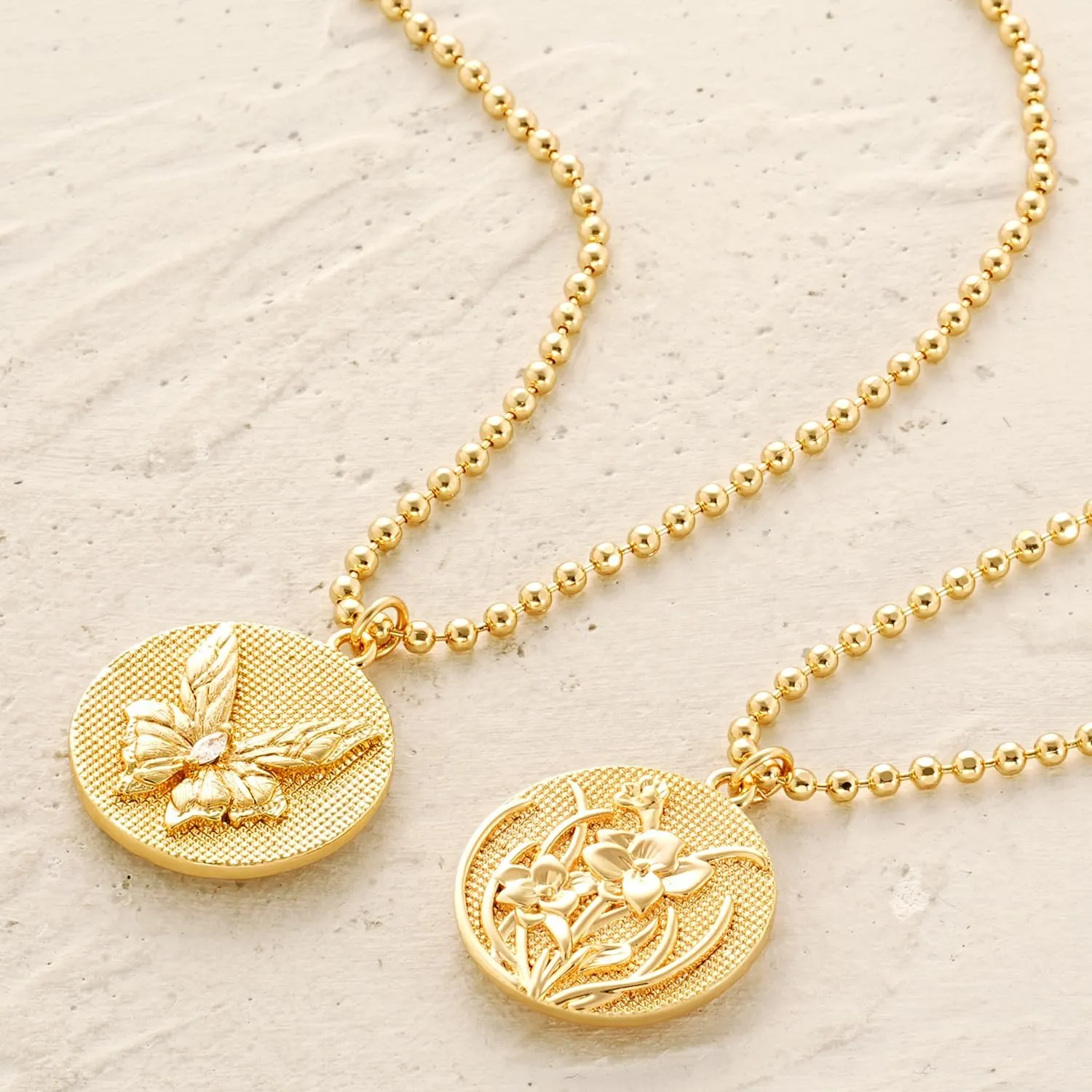 MYEARS Women Birth Flower Necklace Gold Butterfly Coin Disc Pendant Cubic Zirconia 14K Simple Dainty Beaded Chain Everyday Trendy Jewelry - 12 Months