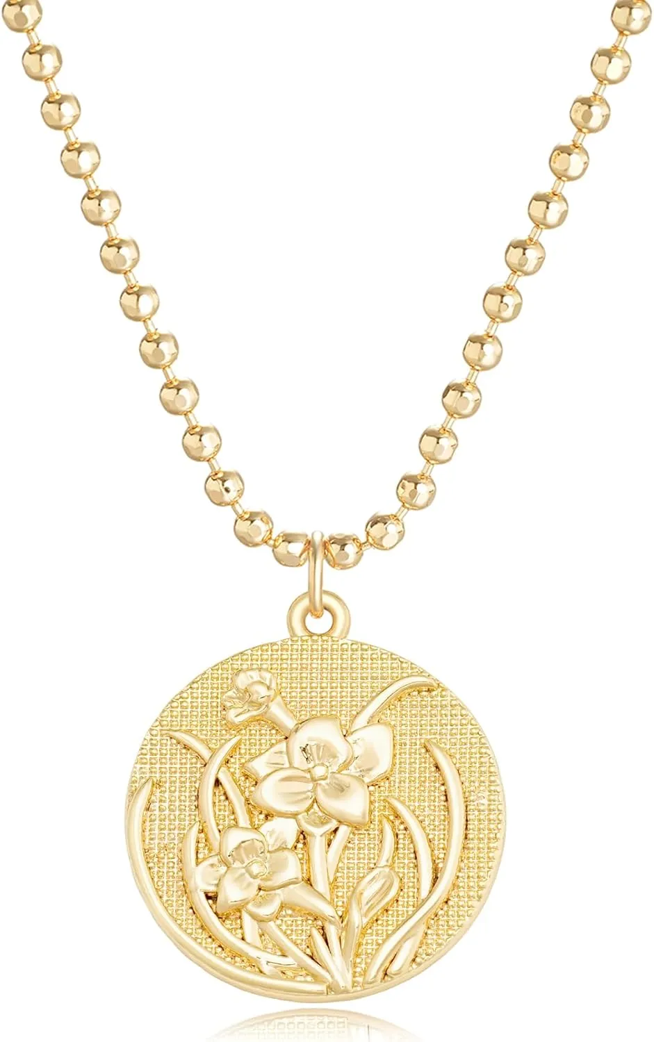 MYEARS Women Birth Flower Necklace Gold Butterfly Coin Disc Pendant Cubic Zirconia 14K Simple Dainty Beaded Chain Everyday Trendy Jewelry - 12 Months