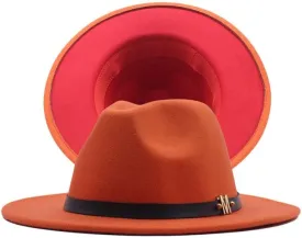 NC Two-Colors Patchwork Fedora Hats with M Leather Band Women Party Felted Bowler Cap Casual Men Wide Brim Church Fedoras (Orange and red)