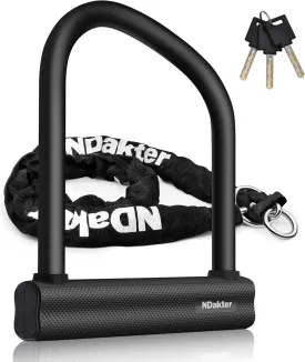 NDakter Bike Locks Heavy Duty Anti Theft 18mm Thick, Motorcycle U Lock with 4FT x 6mm Chain for Moped, 3Keys Large U-Shaped Electric Bicycle Wheel Lock for Ebike,Escooter, Fat-Tire Durt-Bike, Tribike