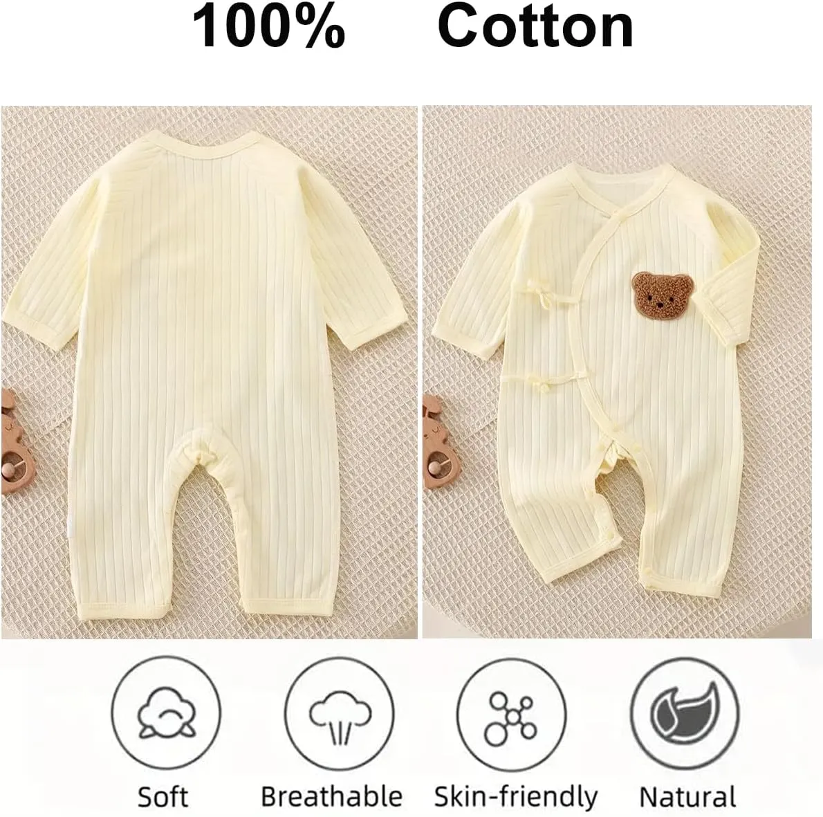 Newborn Baby Cotton Onesie, Cute Bear Patched Casual Long Sleeve Bodysuit, Toddler & Infant Boy's Girl's Comfortable Clothing
