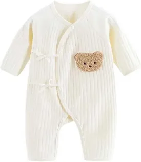 Newborn Baby Cotton Onesie, Cute Bear Patched Casual Long Sleeve Bodysuit, Toddler & Infant Boy's Girl's Comfortable Clothing
