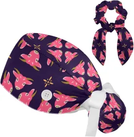 Pink Cow Working Cap with Button Bouffant Turban Cap Adjustable Hats Bouffant Hair Cover with Hairband
