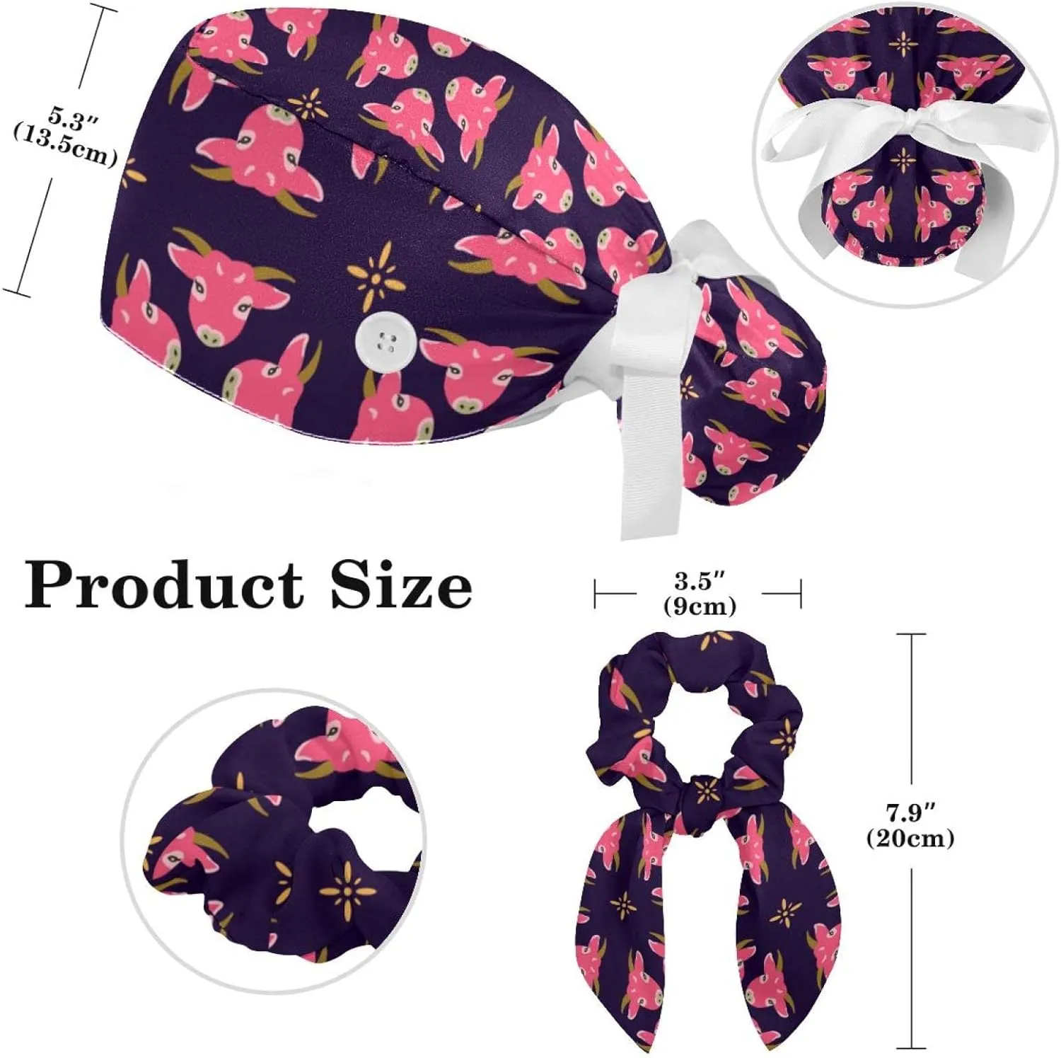 Pink Cow Working Cap with Button Bouffant Turban Cap Adjustable Hats Bouffant Hair Cover with Hairband
