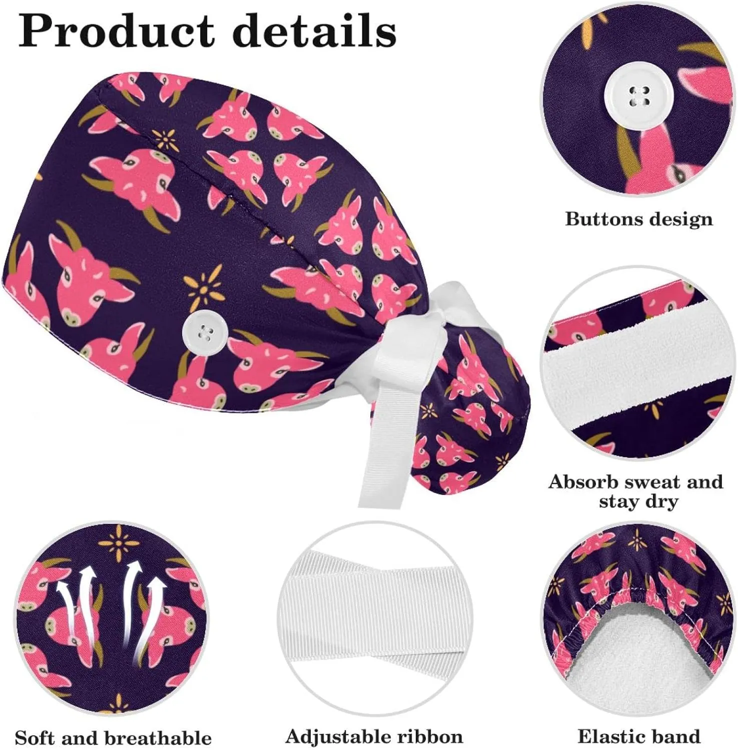 Pink Cow Working Cap with Button Bouffant Turban Cap Adjustable Hats Bouffant Hair Cover with Hairband