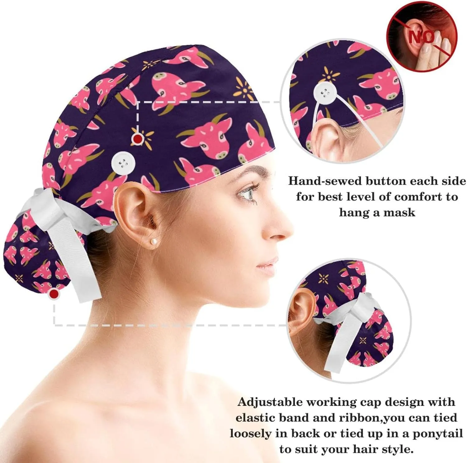 Pink Cow Working Cap with Button Bouffant Turban Cap Adjustable Hats Bouffant Hair Cover with Hairband
