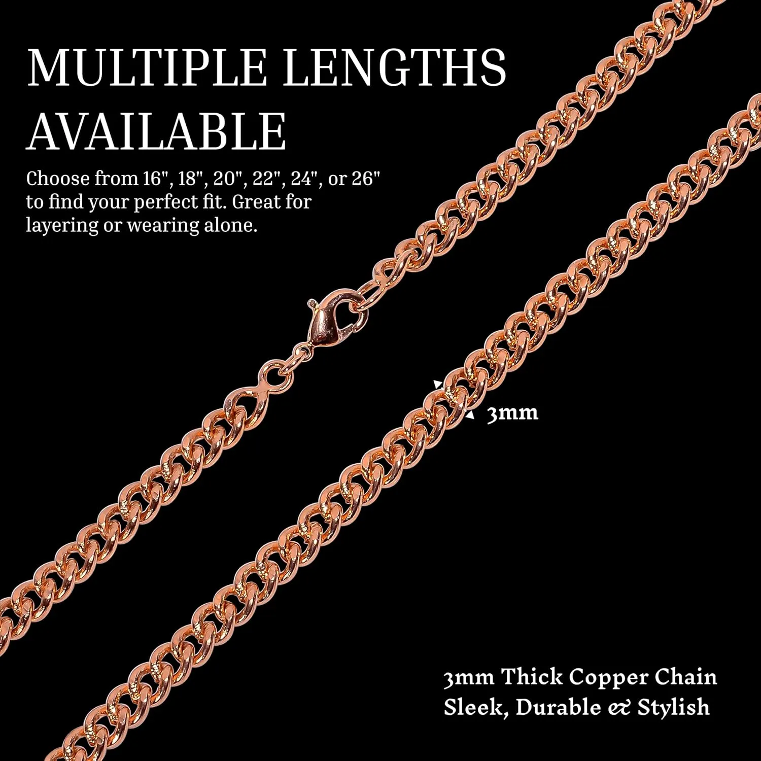 Pure Copper Cuban Link Chain Necklace for Men & Women, Heavy Solid Copper Statement Jewelry Gift, Multiple Lengths (16?C26 Inch)