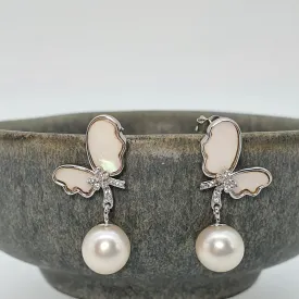Round Pearl & Mother Of Pearl Bow Earring, Sterling Silver