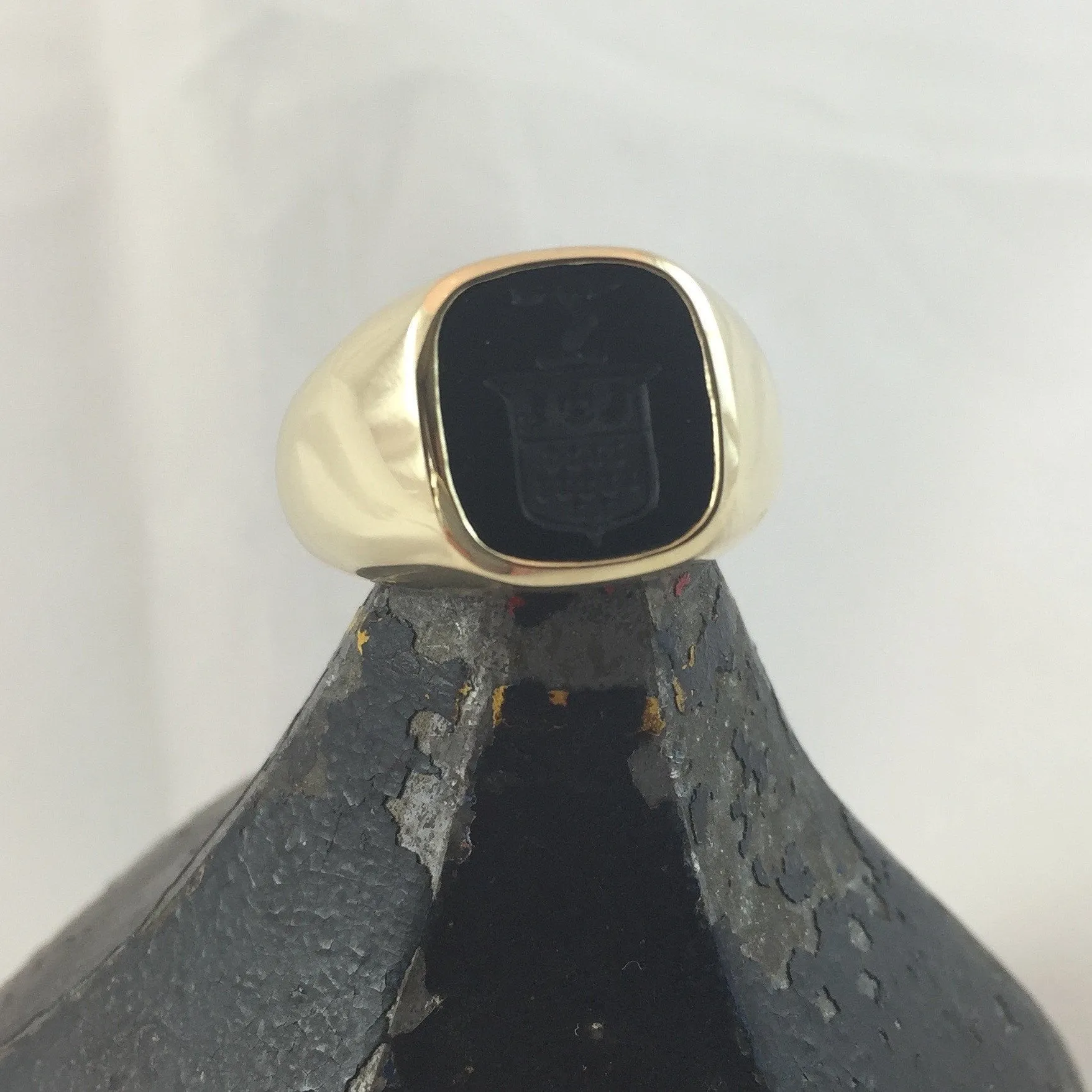Seal Engraved Onyx Custom Made 12mm x 11mm  -  9 Carat Yellow Gold Signet Ring