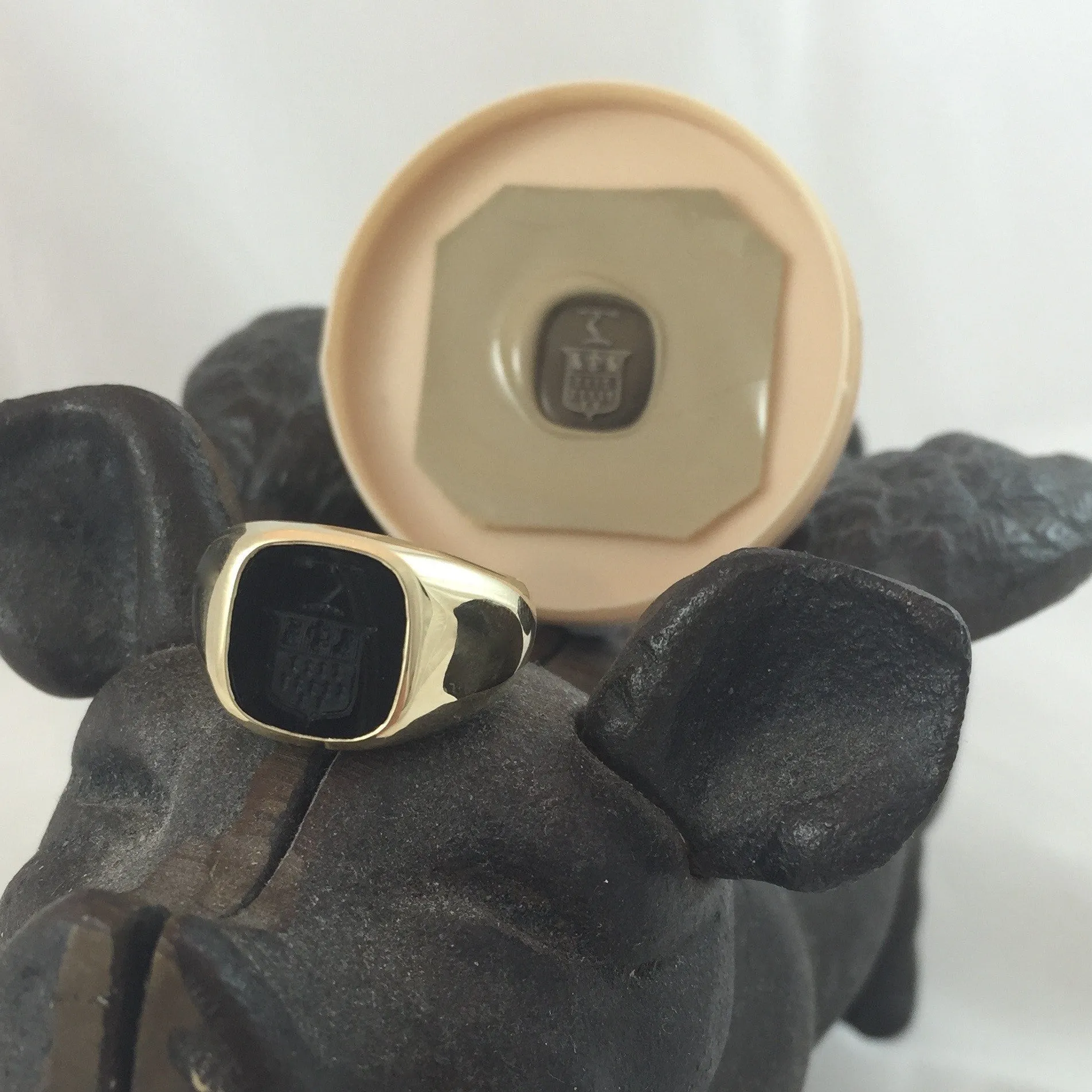 Seal Engraved Onyx Custom Made 12mm x 11mm  -  9 Carat Yellow Gold Signet Ring