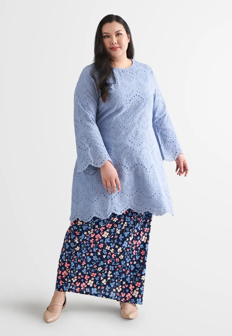 Seroja Raya Eyelet Collection Printed Cotton Skirt - Dark Blue Orchid