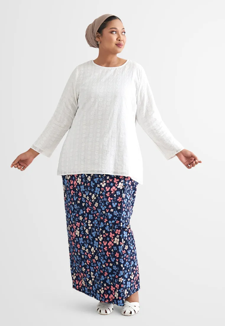 Seroja Raya Eyelet Collection Printed Cotton Skirt - Dark Blue Orchid