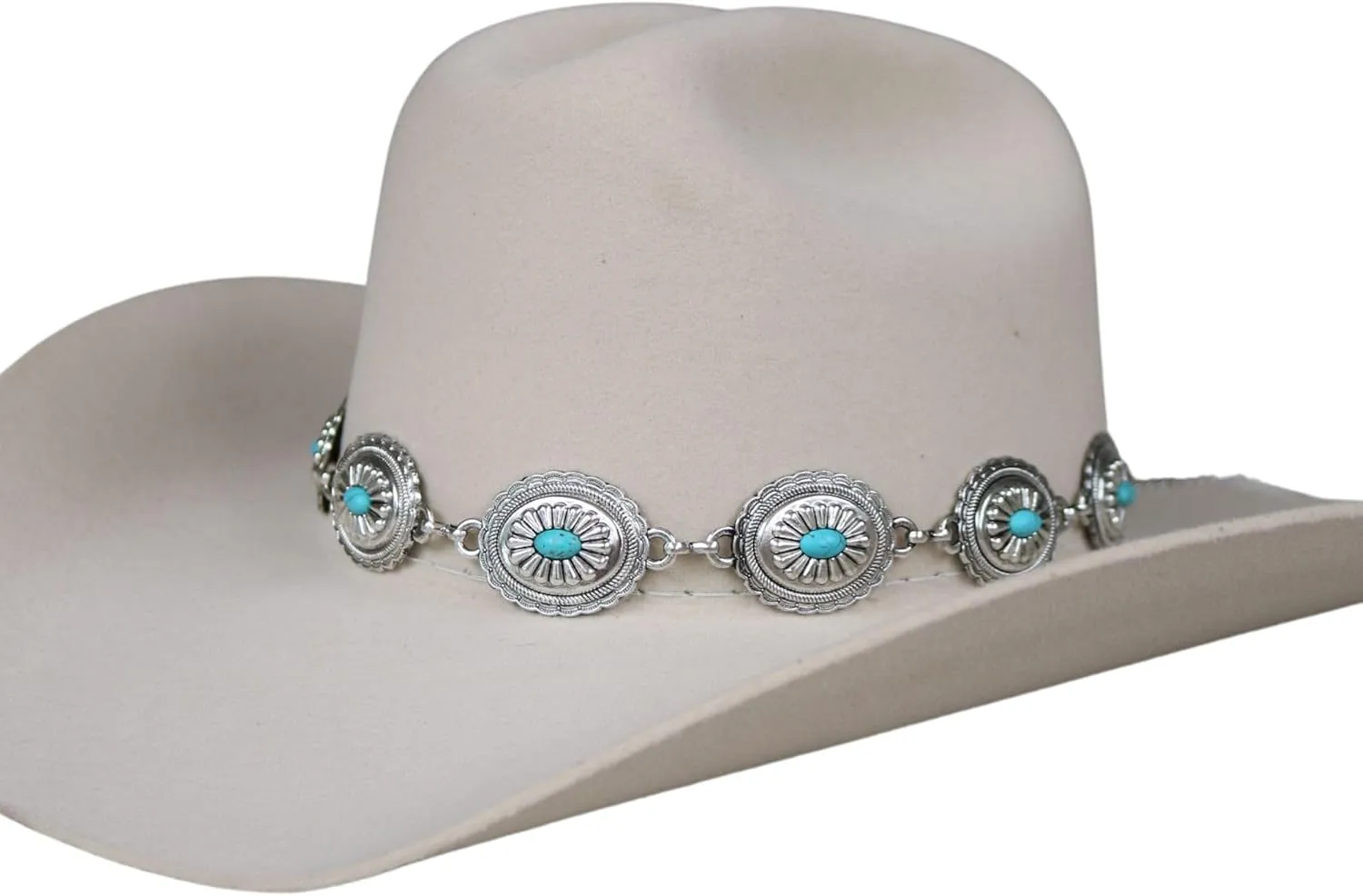 Silver Concho Chain Hat Band Blue Stone, Adustable Band for Cowboy Hats, Metal Chain Hat Band