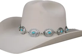Silver Concho Chain Hat Band Blue Stone, Adustable Band for Cowboy Hats, Metal Chain Hat Band