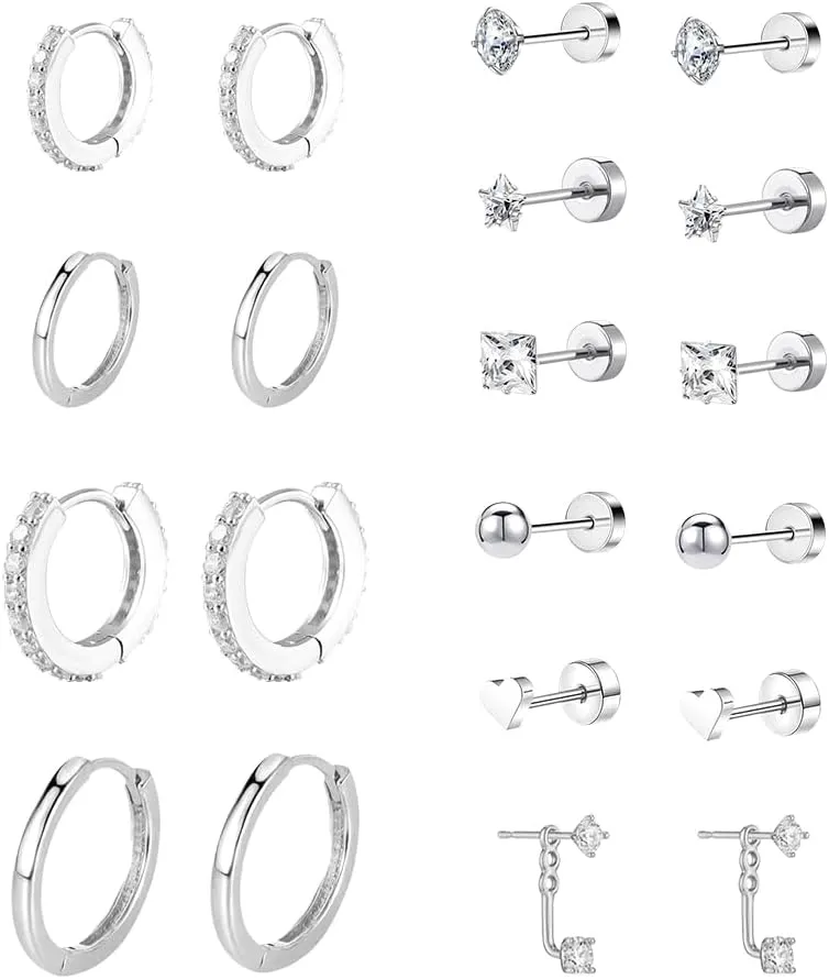 Silver Hoop Earrings Set for Women Sterling Silver Stud Hoop Earrings Studs 10 Pairs Huggies Earring