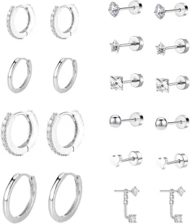 Silver Hoop Earrings Set for Women Sterling Silver Stud Hoop Earrings Studs 10 Pairs Huggies Earring