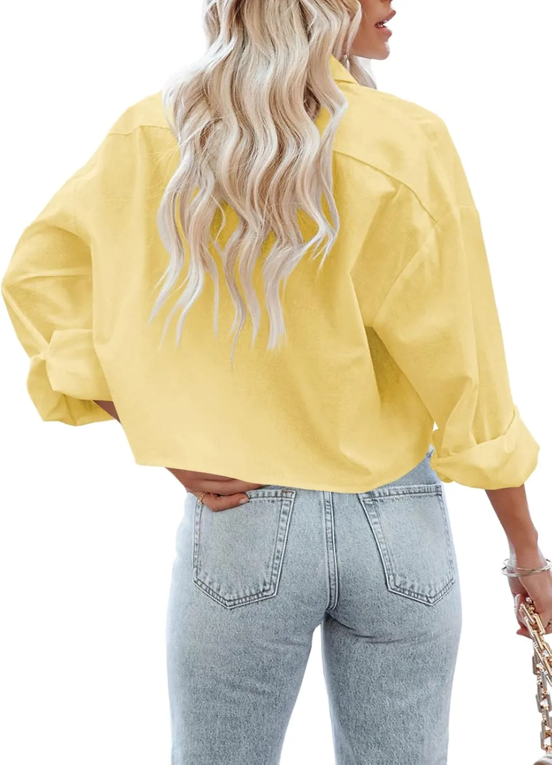 Tankaneo Womens Button Down Cropped Shirts Long Sleeve Casual Crop Tops Solid Lapel Blouse Shirt with Chest Pocket