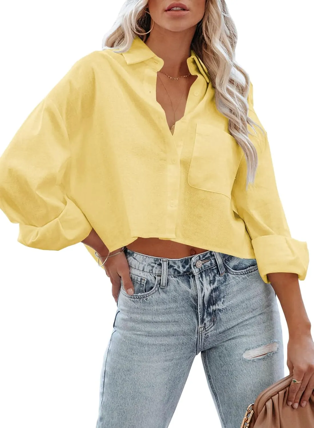 Tankaneo Womens Button Down Cropped Shirts Long Sleeve Casual Crop Tops Solid Lapel Blouse Shirt with Chest Pocket