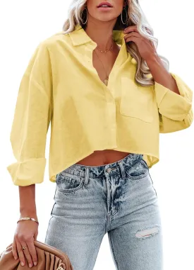 Tankaneo Womens Button Down Cropped Shirts Long Sleeve Casual Crop Tops Solid Lapel Blouse Shirt with Chest Pocket