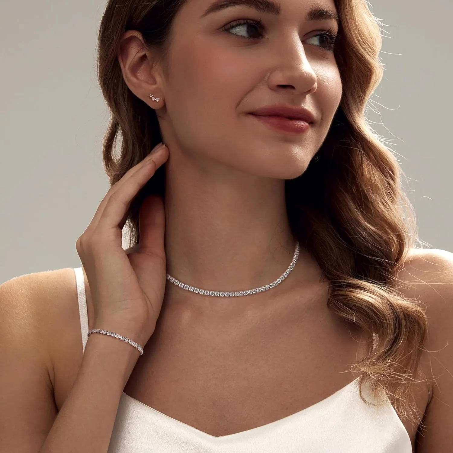 Tennis Necklace Bracelet for Women, Dainty Sterling Sliver Choker Necklace Crystal Link Bracelet Stud Earrings for Women Wedding Jewelry for Bride Jewelry Set Accessories